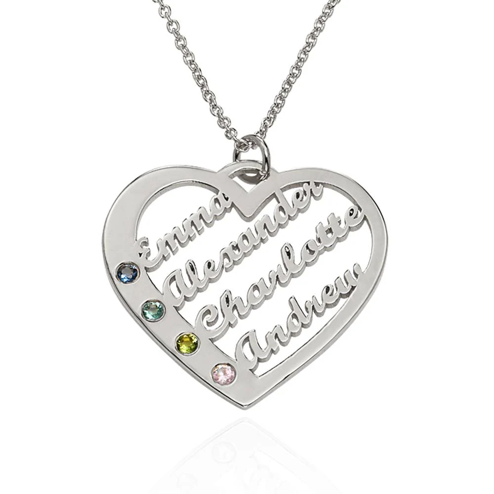 Ella Birthstone Heart Necklace with Names in Silver