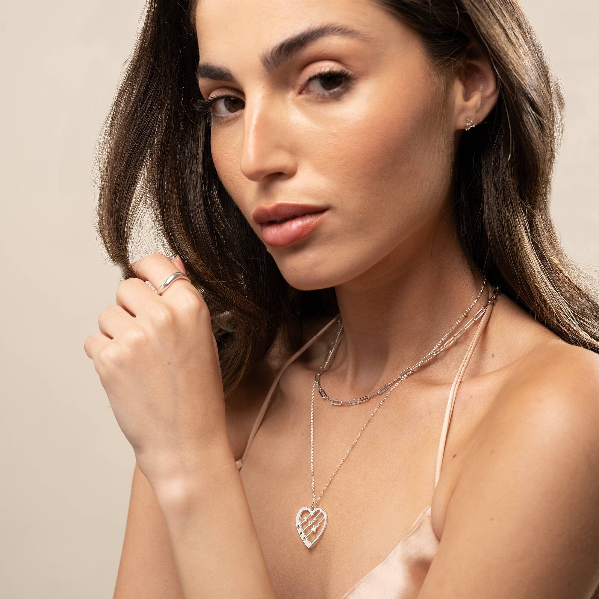 Ella Birthstone Heart Necklace with Names in Silver - Image 5
