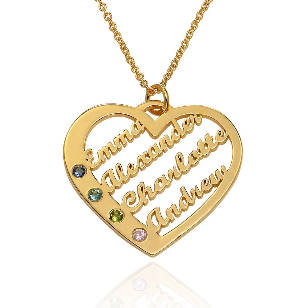 Ella Birthstone Heart Necklace with Names in Gold Plating