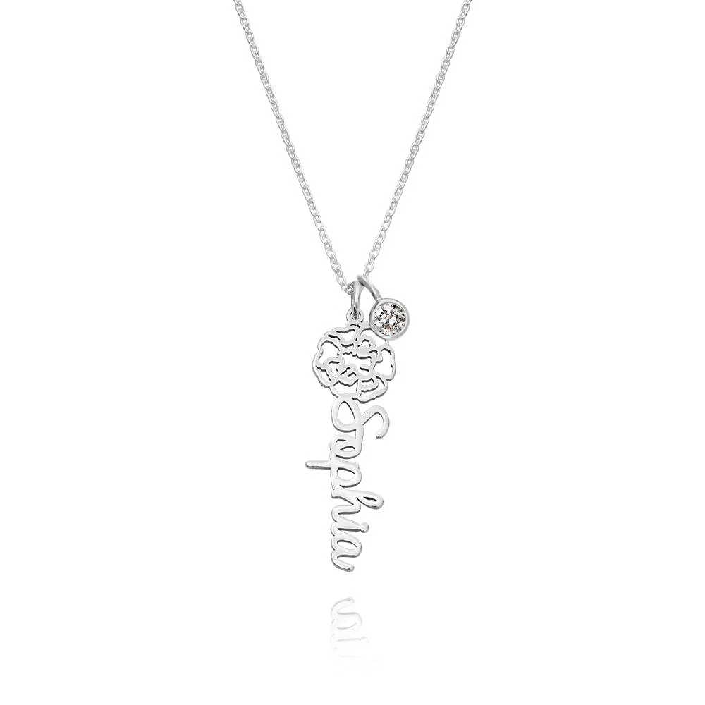 Blooming Birth Flower Name Necklace with 0.25CT Diamond in Silver