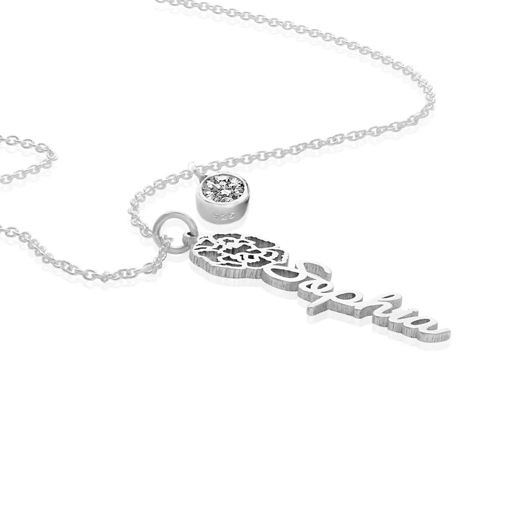 Blooming Birth Flower Name Necklace with 0.25CT Diamond in Silver - Image 2