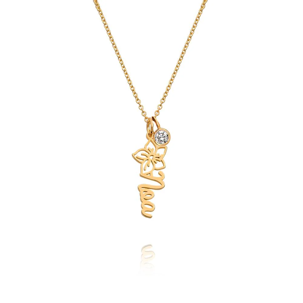 Blooming Birth Flower Name Necklace with 0.25CT Diamond in Gold Plating