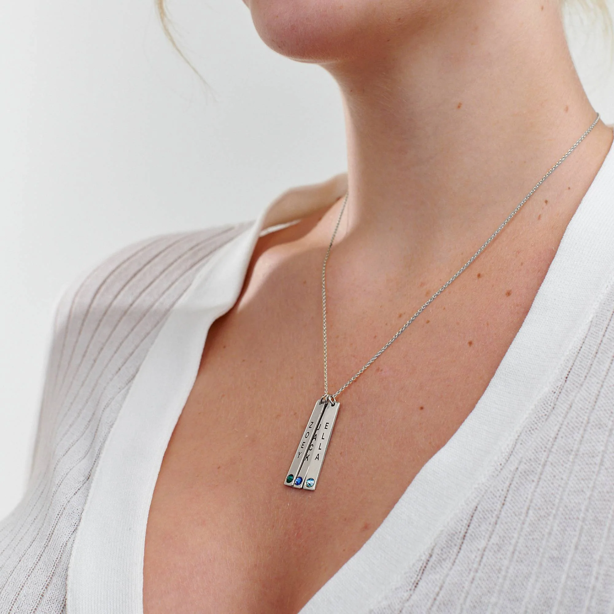 Engraved Vertical Bar Necklace with Birthstones in Silver - Image 2