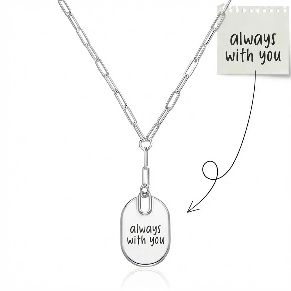 Custom Handwriting Necklace - Engraved Oval Pendant Paperclip Necklace in Silver