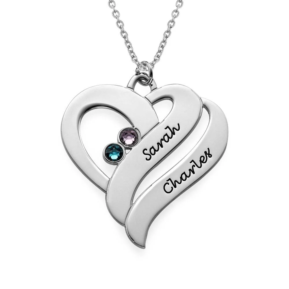 Two Hearts Forever One Necklace with Birthstones in Silver