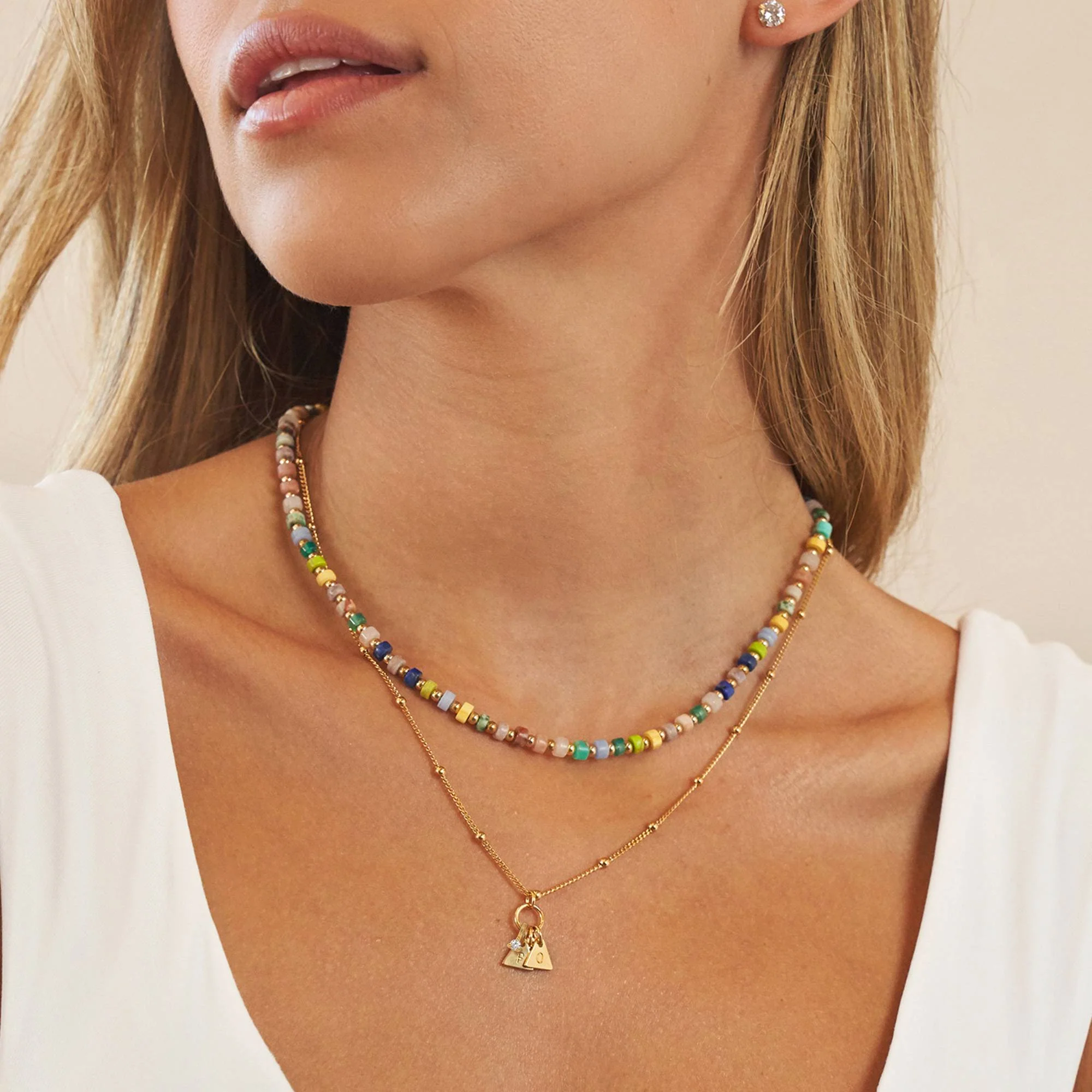 Resort Layered Beaded Necklace with Initials and 0.10CT Diamonds in Gold Plating - Image 2