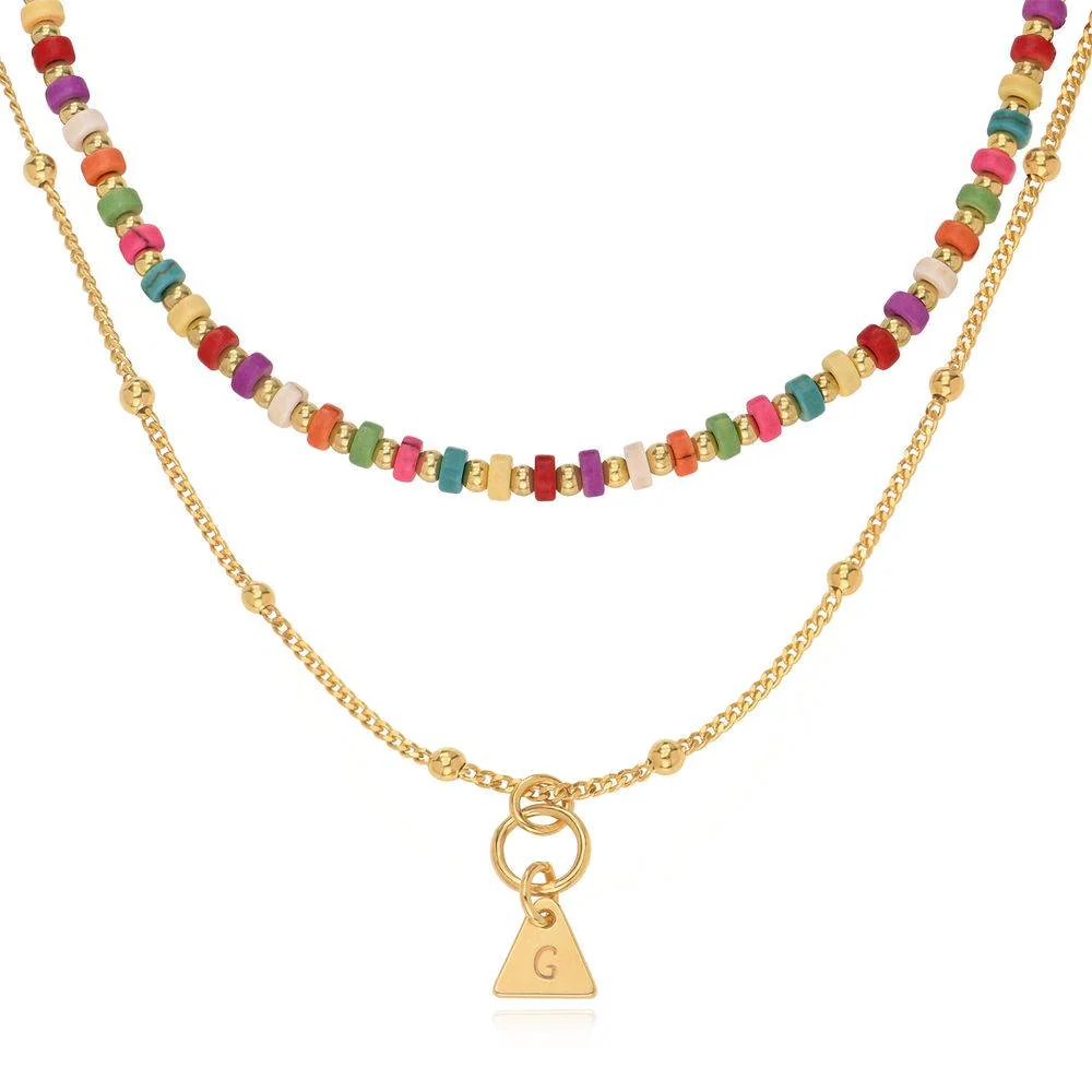 Tropical Layered Beaded Necklace with Initials in Gold Plating