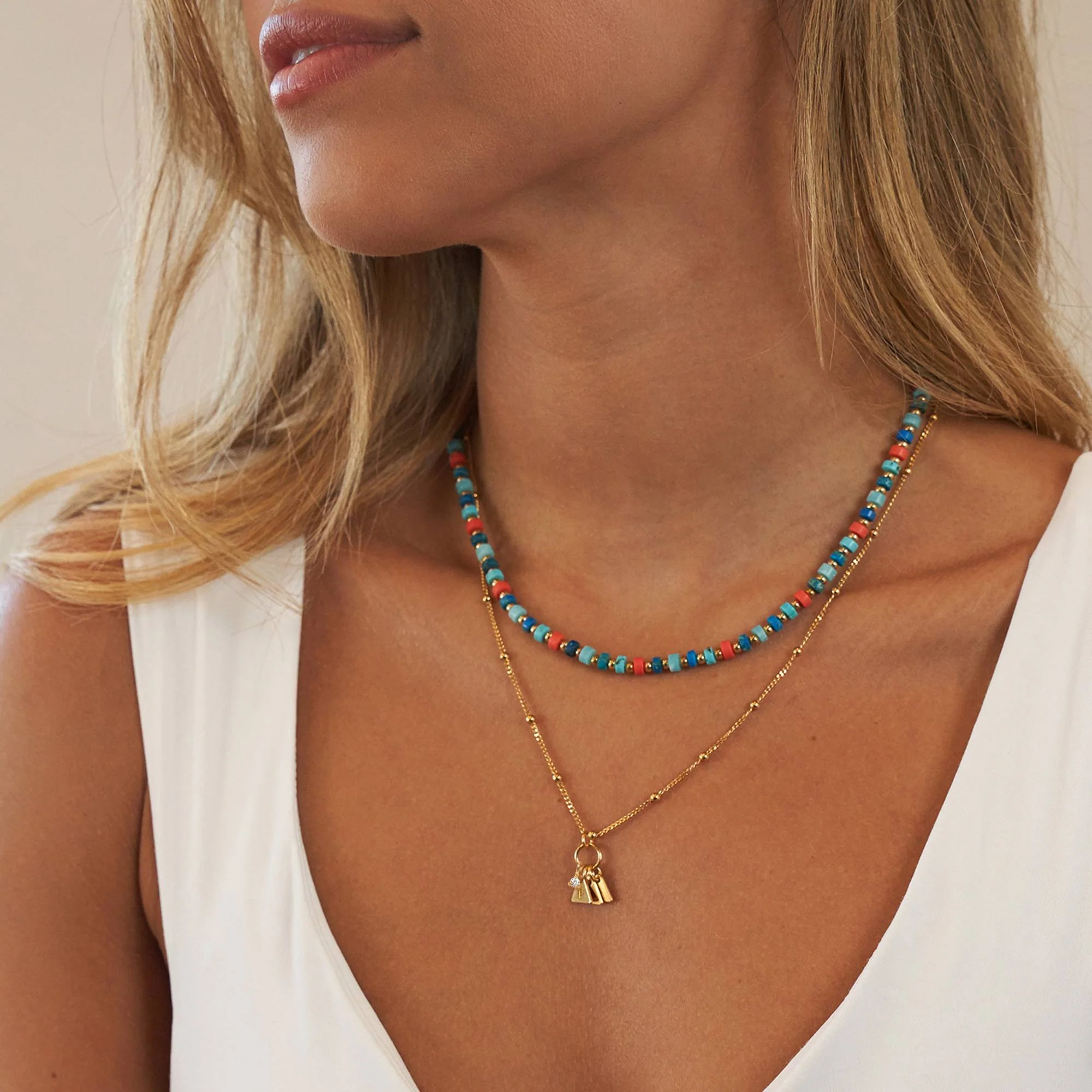 Pacific Layered Beaded Necklace with Initials and 0.10CT Diamonds in Gold Plating - Image 2