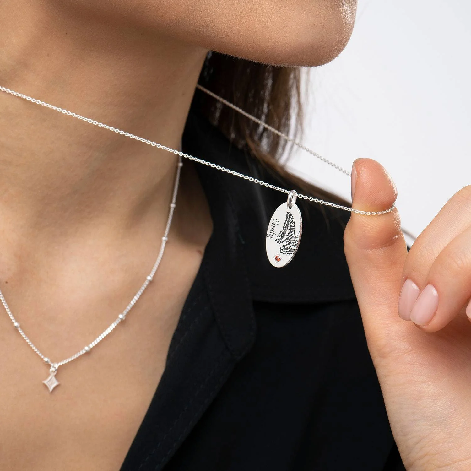 Birth Butterfly & Stone Layered Necklace in Silver - Image 3