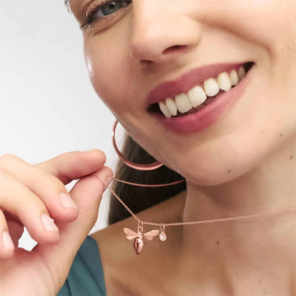 Bee Pink Breast Cancer Awareness Necklace with Pink CZ in Rose Gold Plating - Image 2