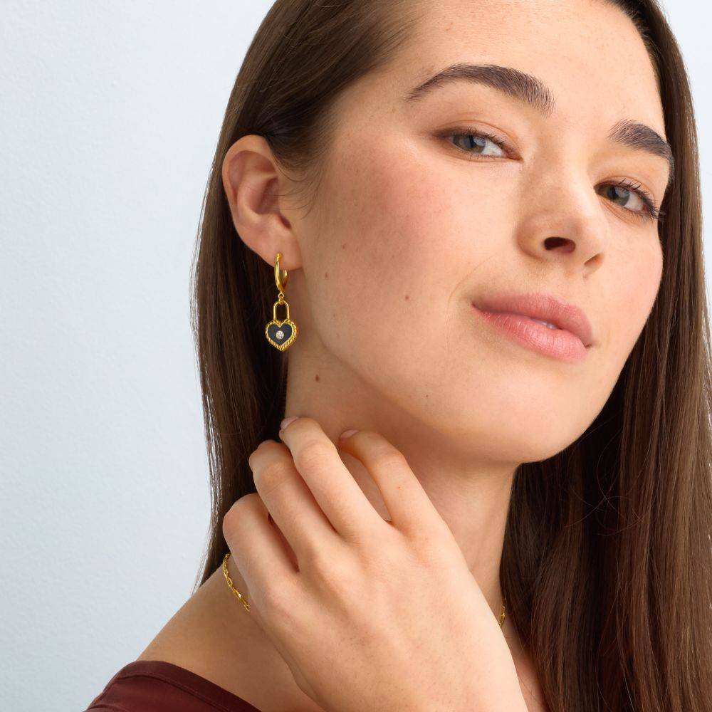 The Love Lock Enamel Earrings with Diamond in Gold - Image 2