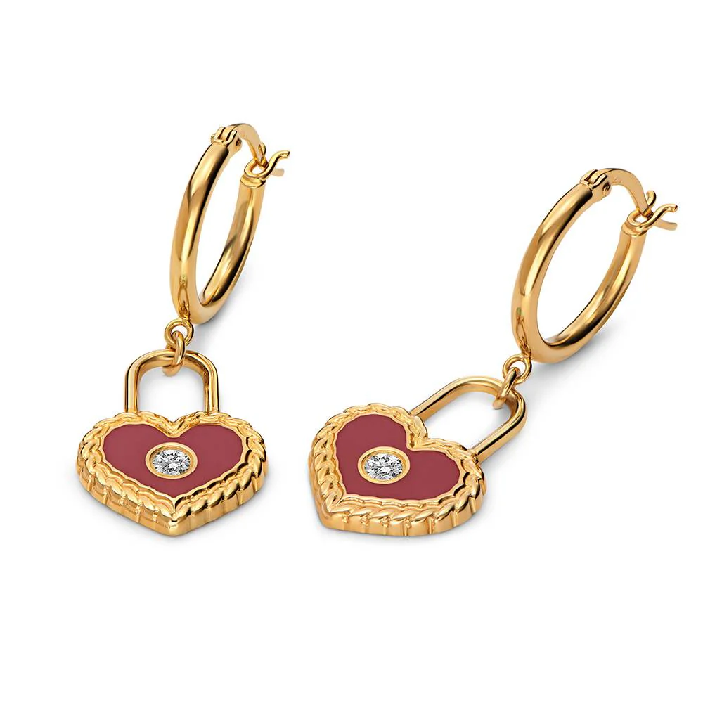 The Love Lock Enamel Earrings with Diamond in Gold - Image 3