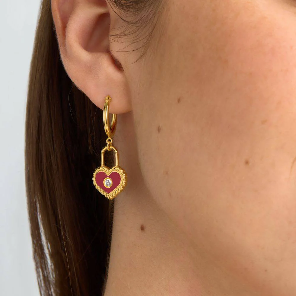 The Love Lock Enamel Earrings with Diamond in Gold - Image 4