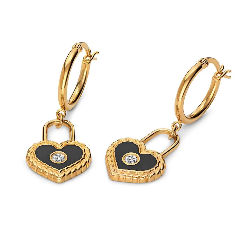 The Love Lock Enamel Earrings with Diamond in Gold - Image 5