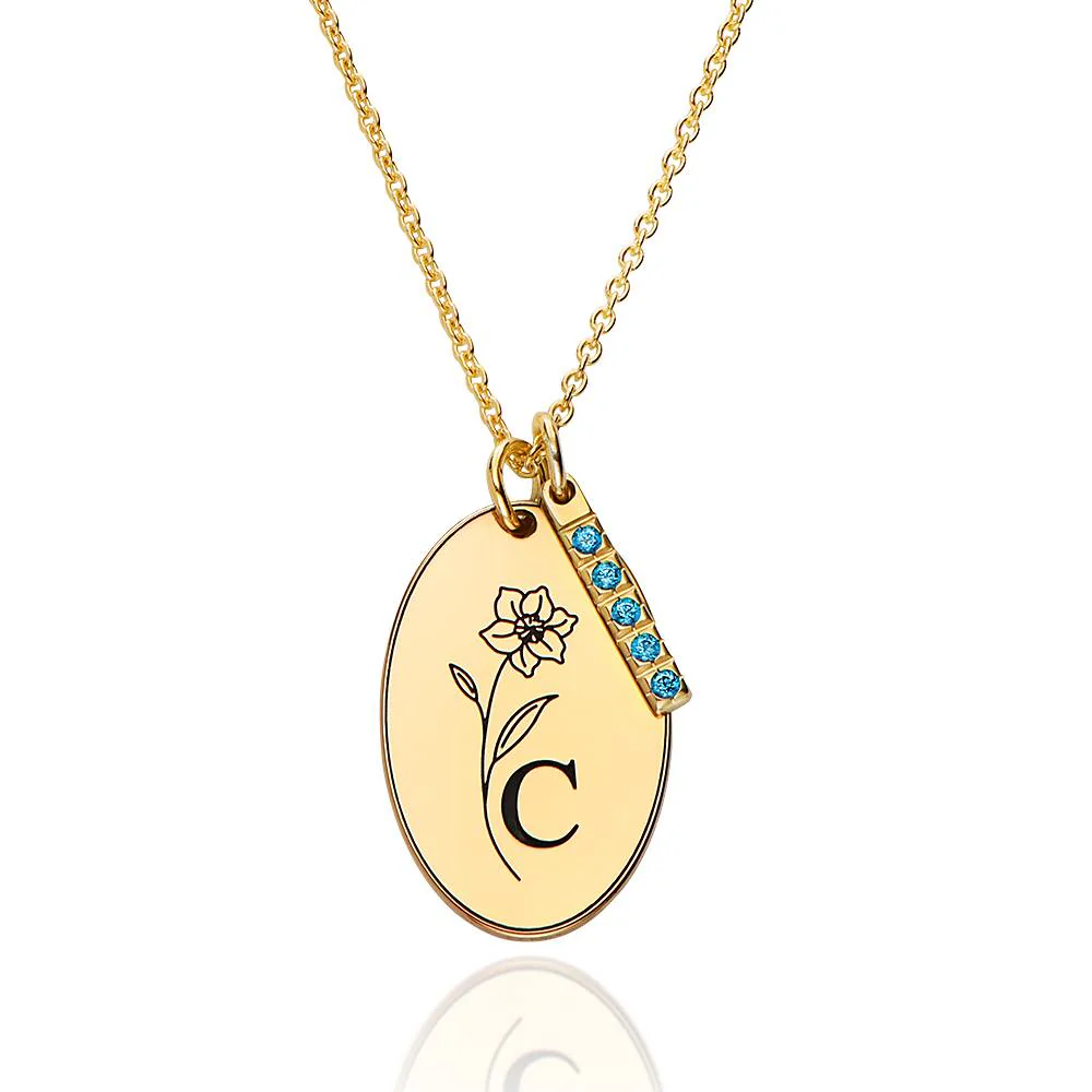 Prairie Birth Flower and Birthstone Initial Necklace in 18K Gold Plating