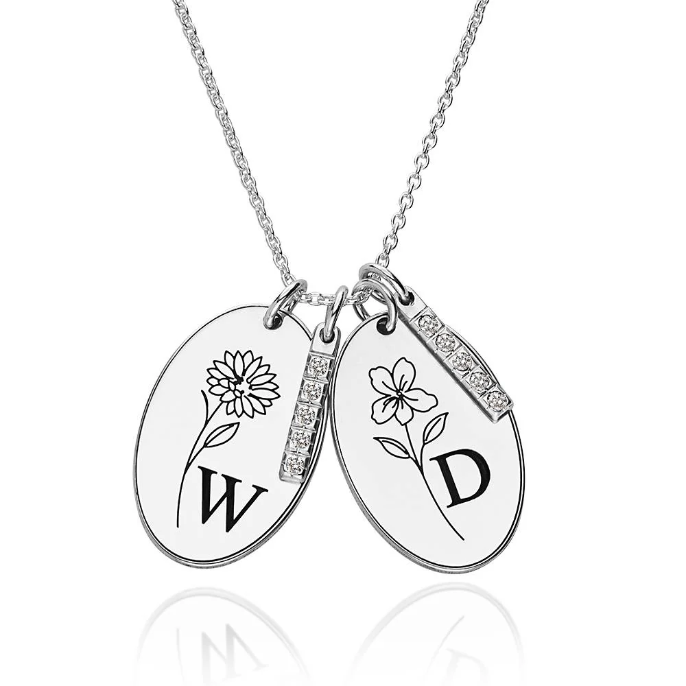 Prairie Birth Flower and Birthstones Initial Necklace in Sterling Silver