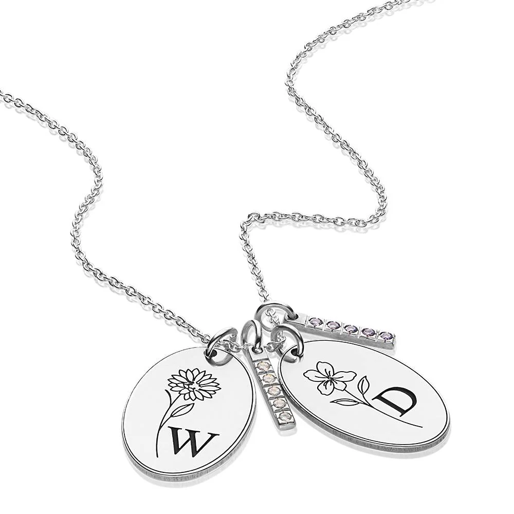 Prairie Birth Flower and Birthstones Initial Necklace in Sterling Silver - Image 3