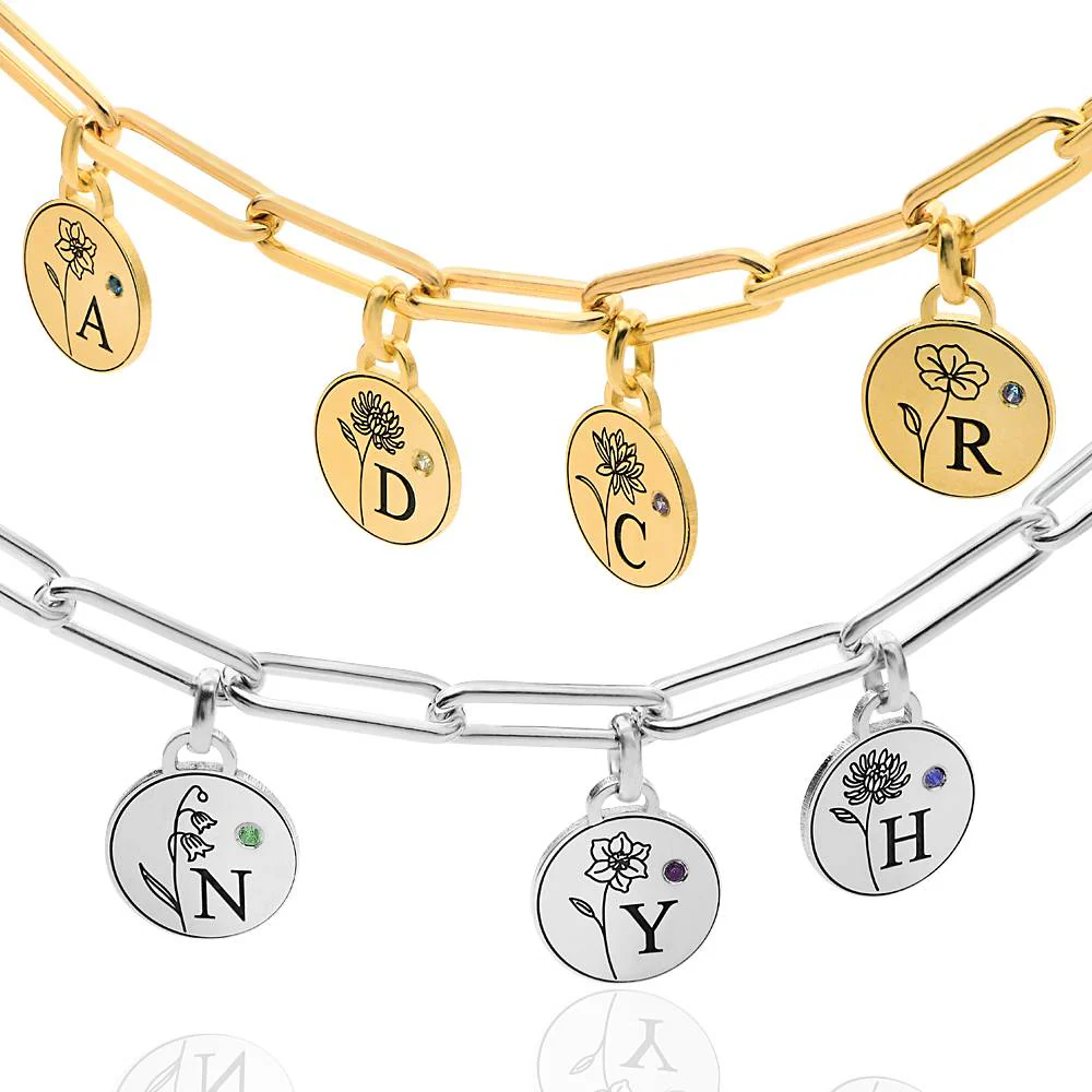 Prairie Birth Flower and Birthstone Initial Charm Bracelet in 18K Gold Vermeil - Image 5
