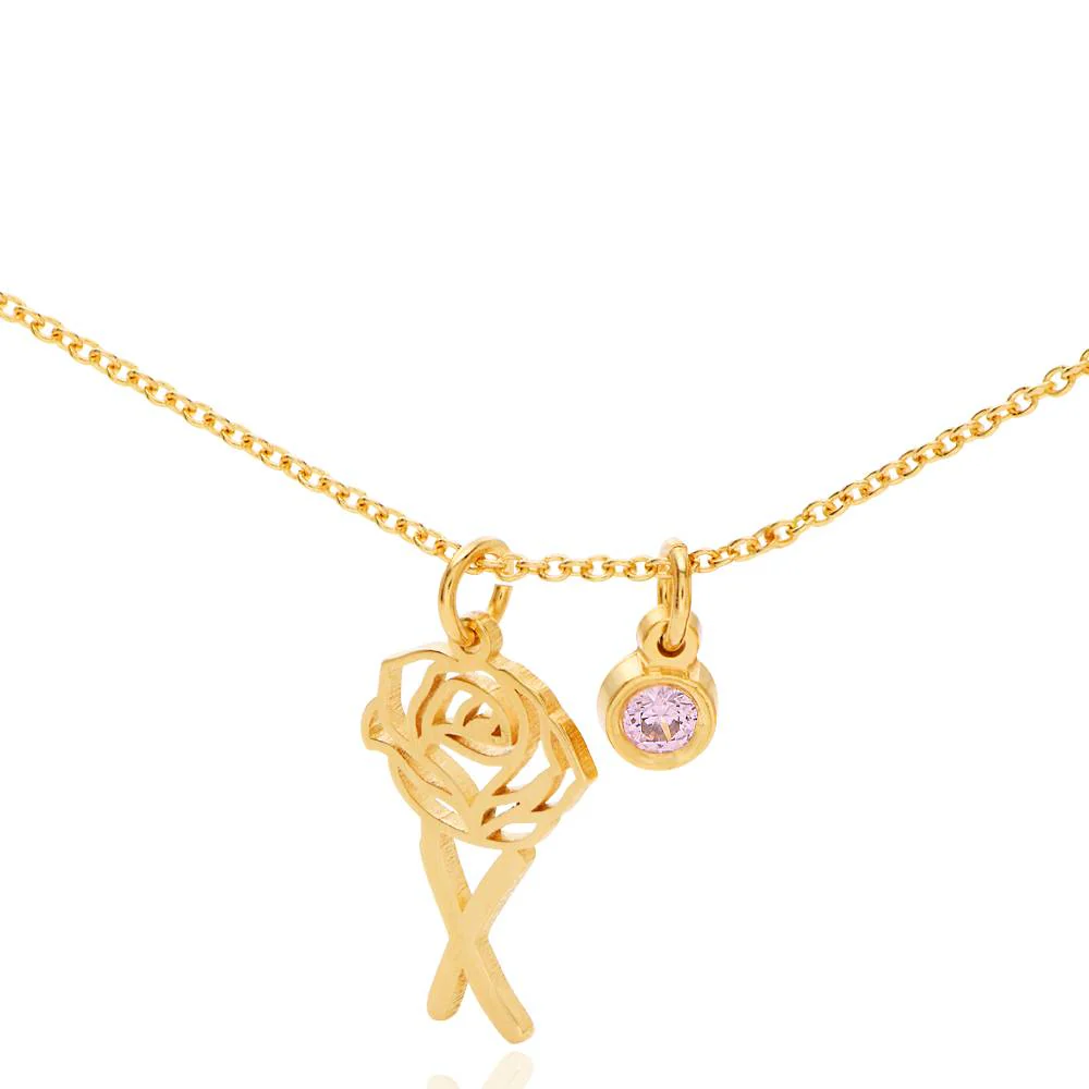 Blooming Birth Flower Initial Necklace with Birthstone in 18K Gold Plating - Image 3