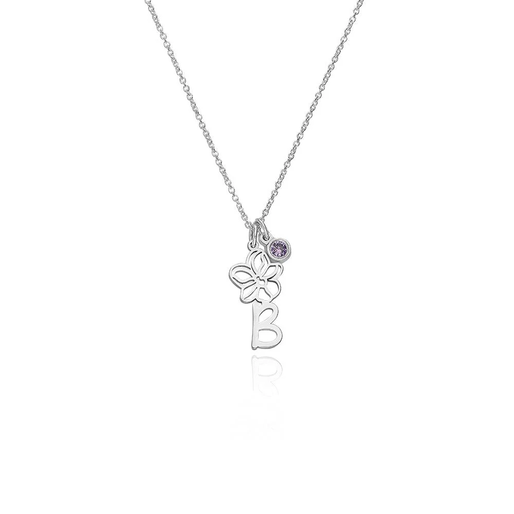 Blooming Birth Flower Initial Necklace with Birthstone in Sterling Silver