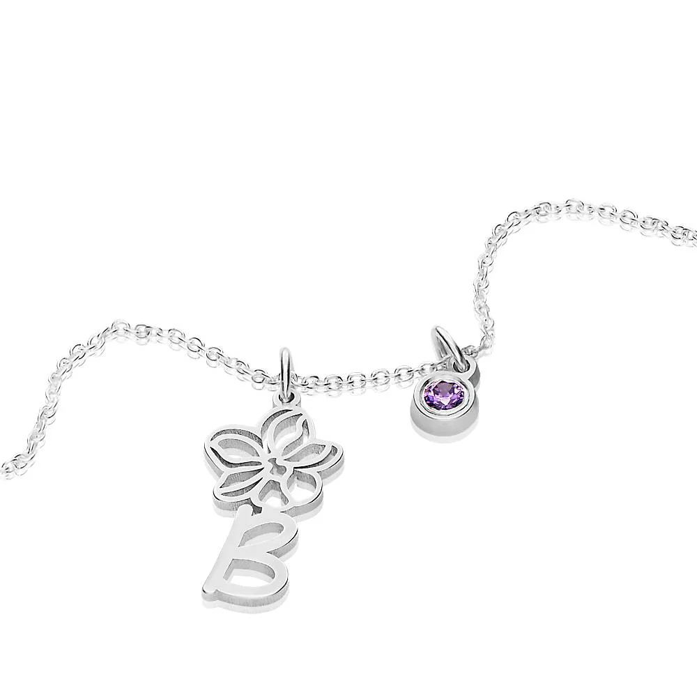 Blooming Birth Flower Initial Necklace with Birthstone in Sterling Silver - Image 3
