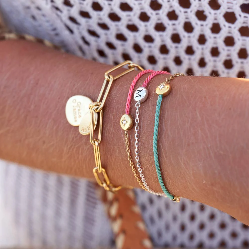 Half and Half Pink Initial Bracelet with Diamond in 18K Gold Plating - Image 7