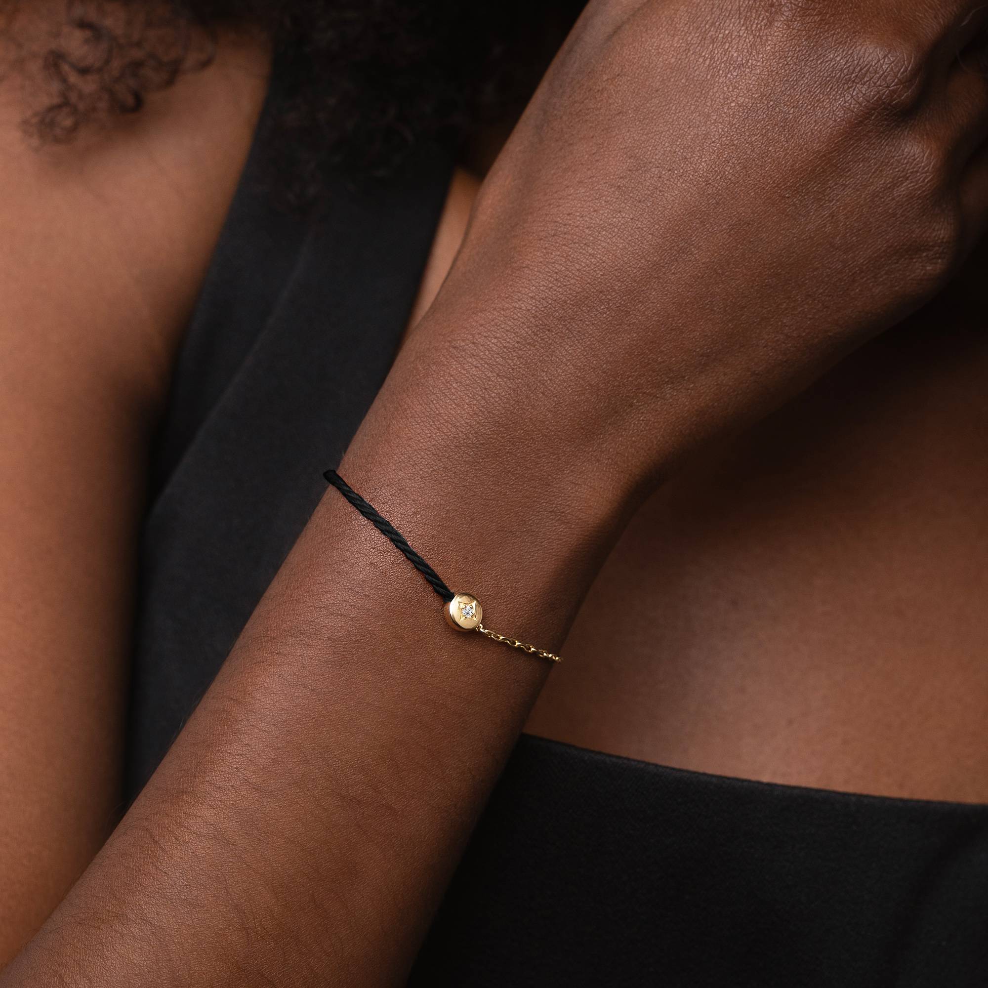 Half and Half Black Initial Bracelet with Diamond in 18K Gold Plating - Removal - Image 3