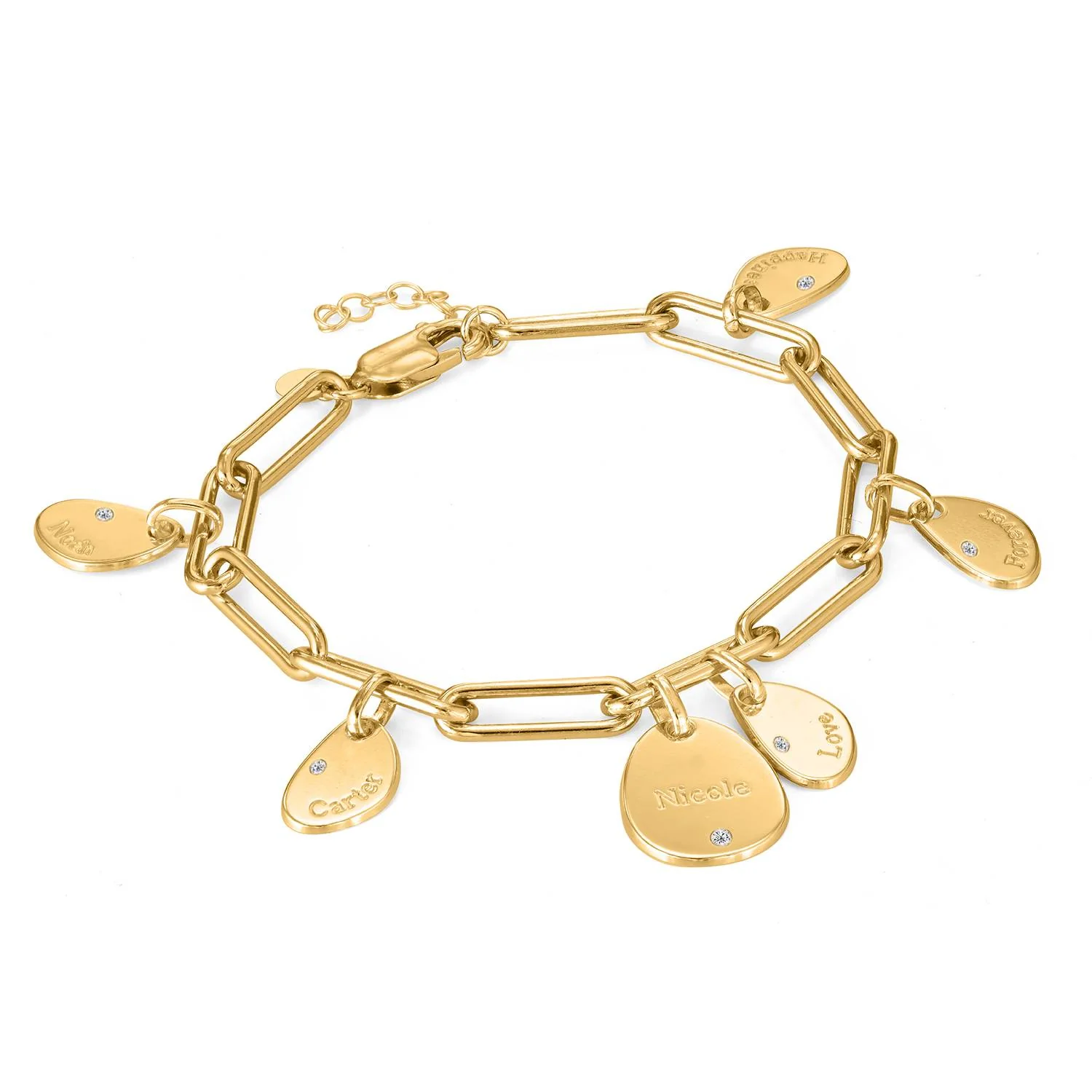 Hazel Personalized Paperclip Chain Link Bracelet with Engraved Charms & Diamonds in 18K Gold Plating - Image 3