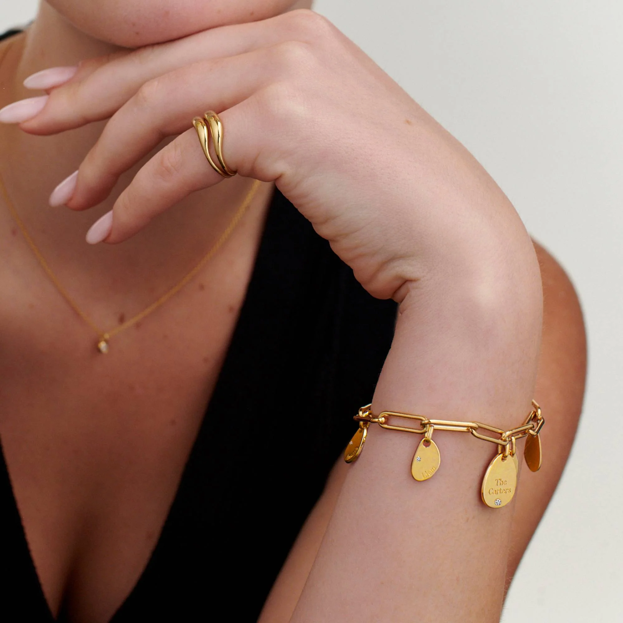 Hazel Personalized Paperclip Chain Link Bracelet with Engraved Charms & Diamonds in 18K Gold Plating - Image 4