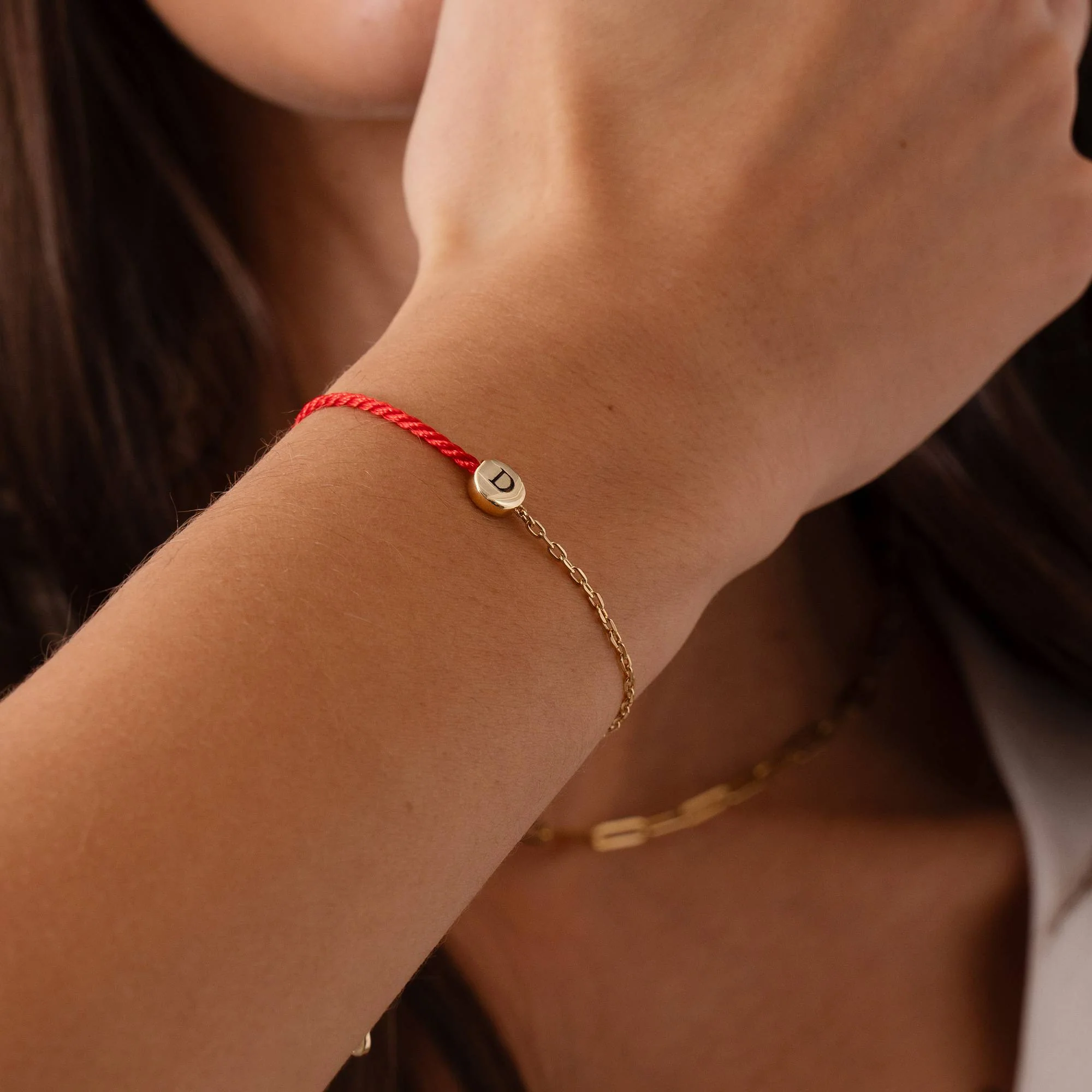 Half and Half Red Initial Bracelet with Diamond in 18K Gold Plating - Image 2