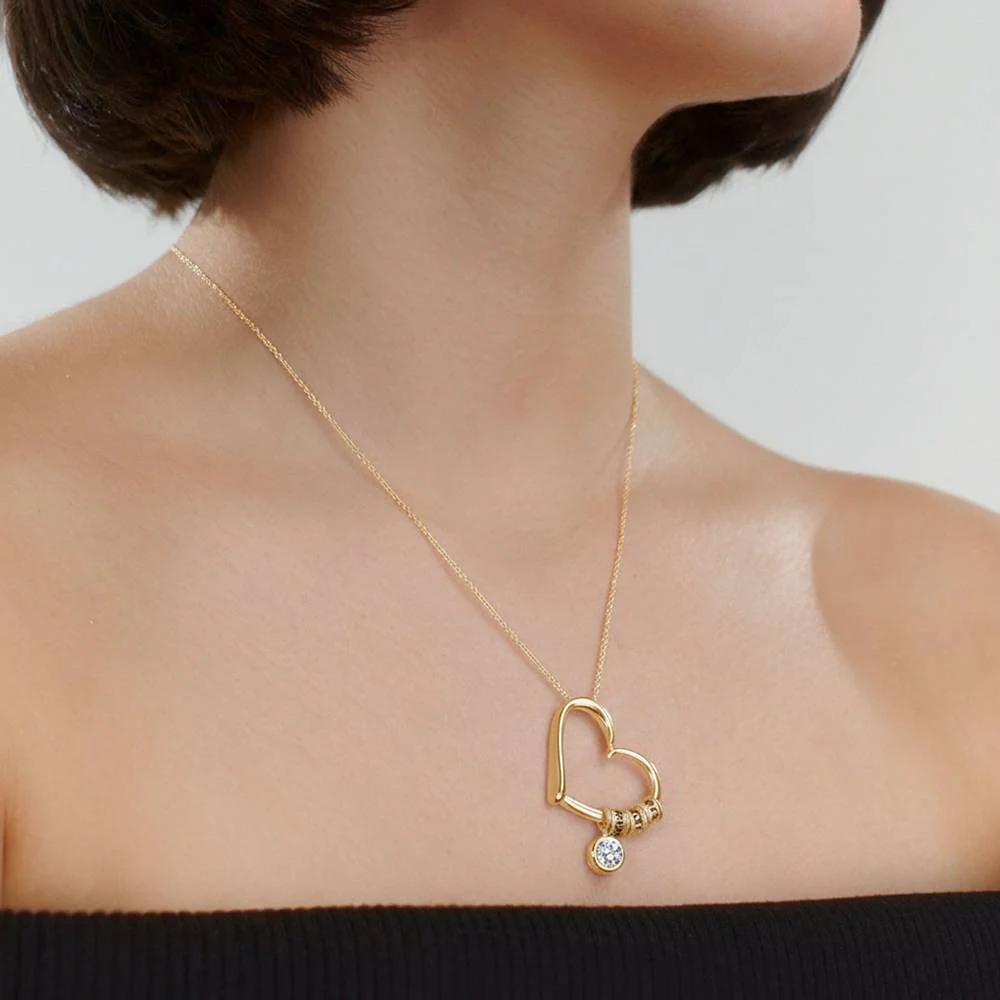 Charming Heart Necklace with Engraved Beads & 1CT Diamond in 10K Yellow Gold - Image 3