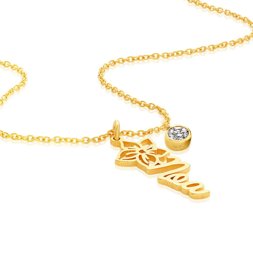 Blooming Birth Flower Name Necklace with 0.25CT Diamond in 18K Gold Plating - Image 2