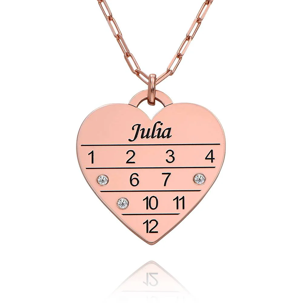 12 Month Calendar Heart Necklace with Diamonds in 18K Rose Gold Plating
