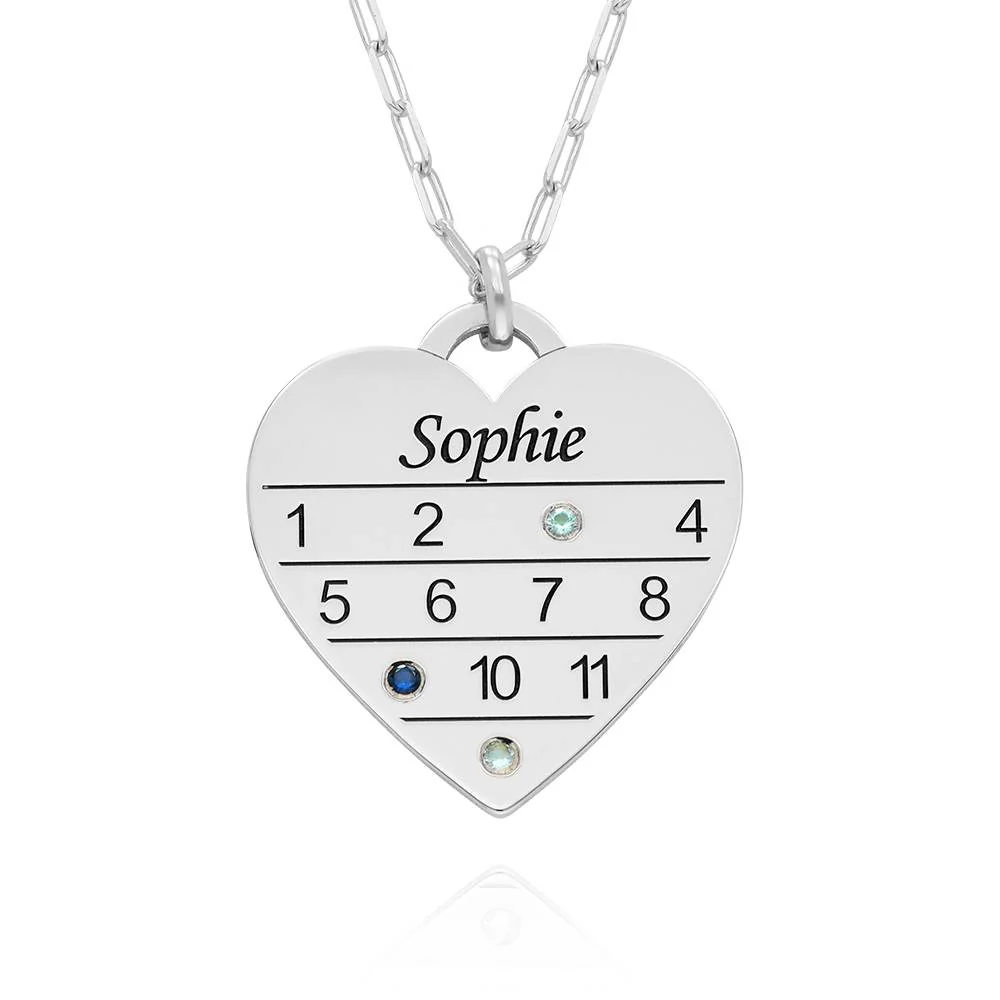 12 Month Calendar Heart Necklace with Birthstones in Sterling Silver