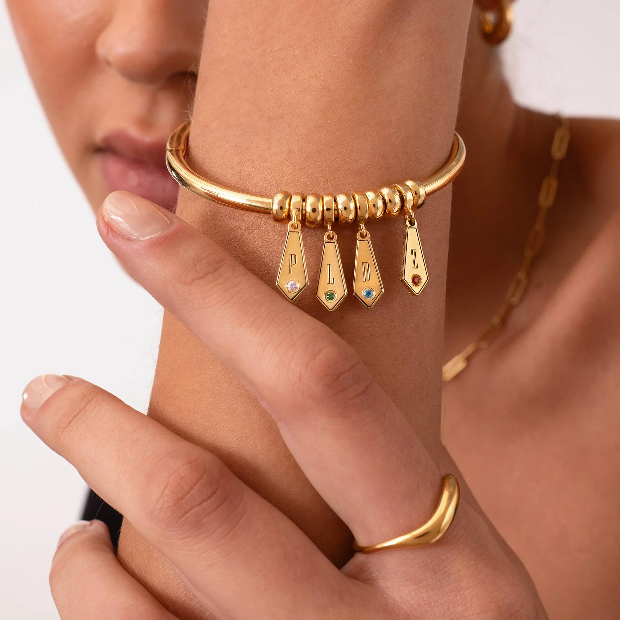 Gia Drop Initial Bangle Bracelet with Birthstones in 18K Gold Vermeil - Image 2