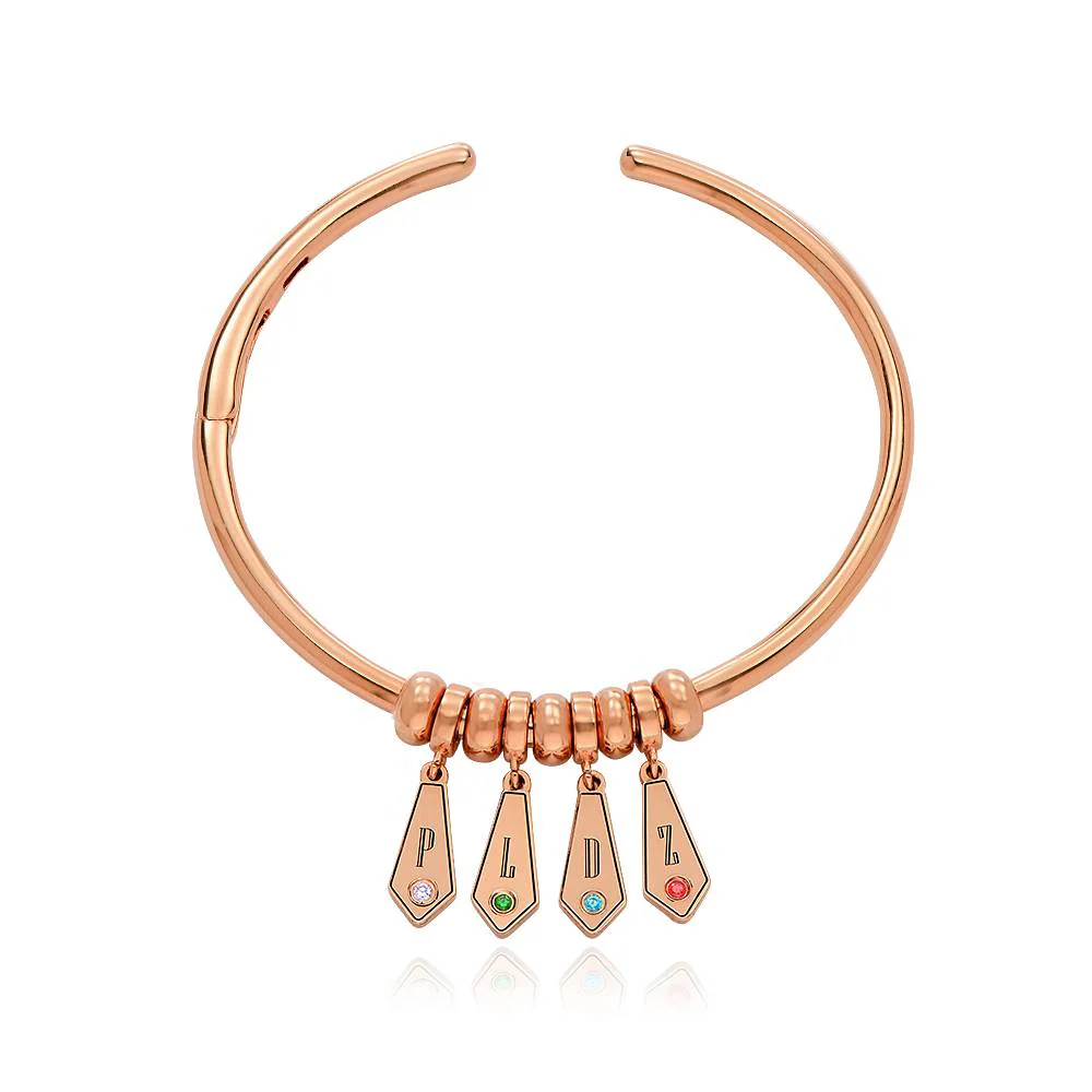 Gia Drop Initial Bangle Bracelet with Birthstones in 18K Rose Gold Plating