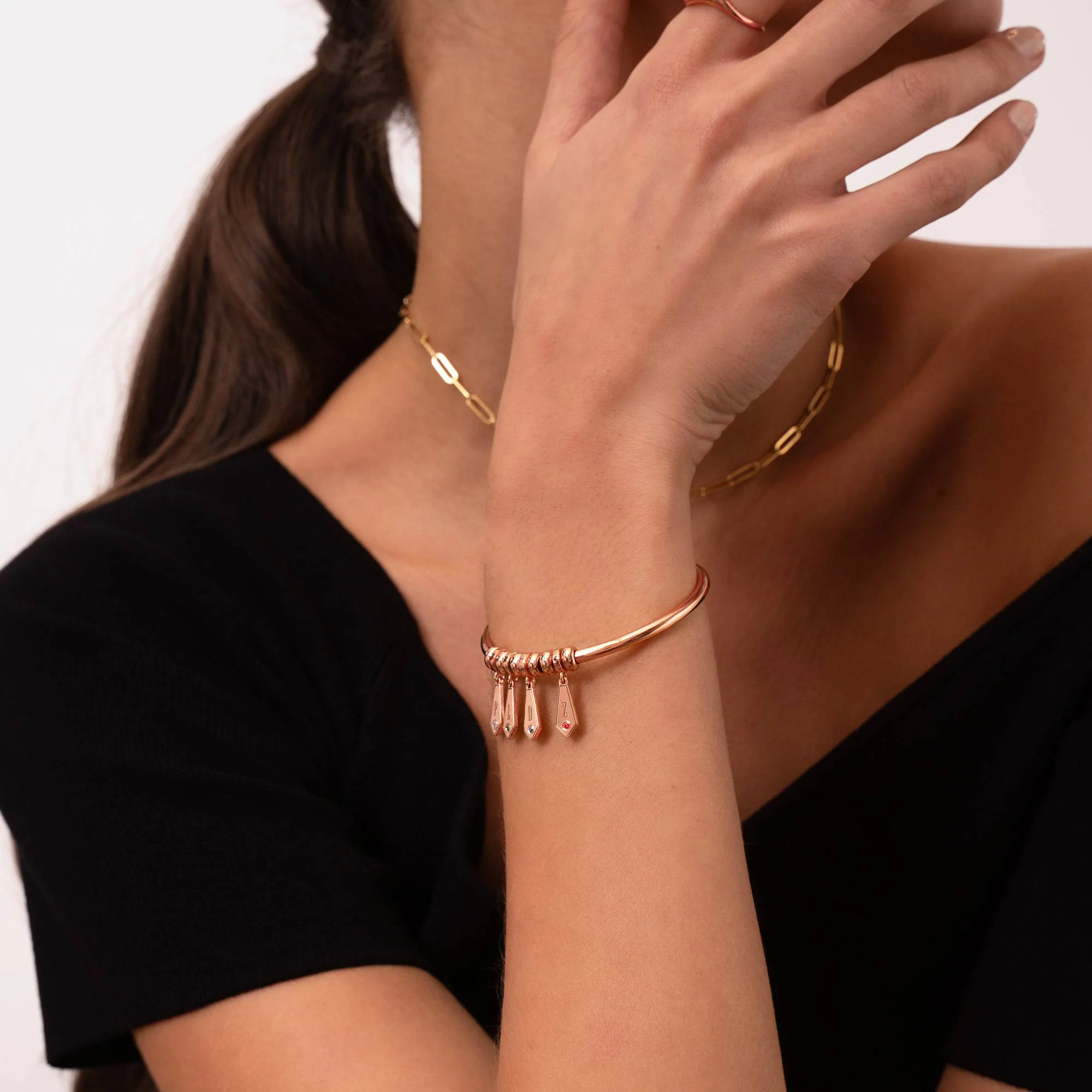 Gia Drop Initial Bangle Bracelet with Birthstones in 18K Rose Gold Plating - Image 3