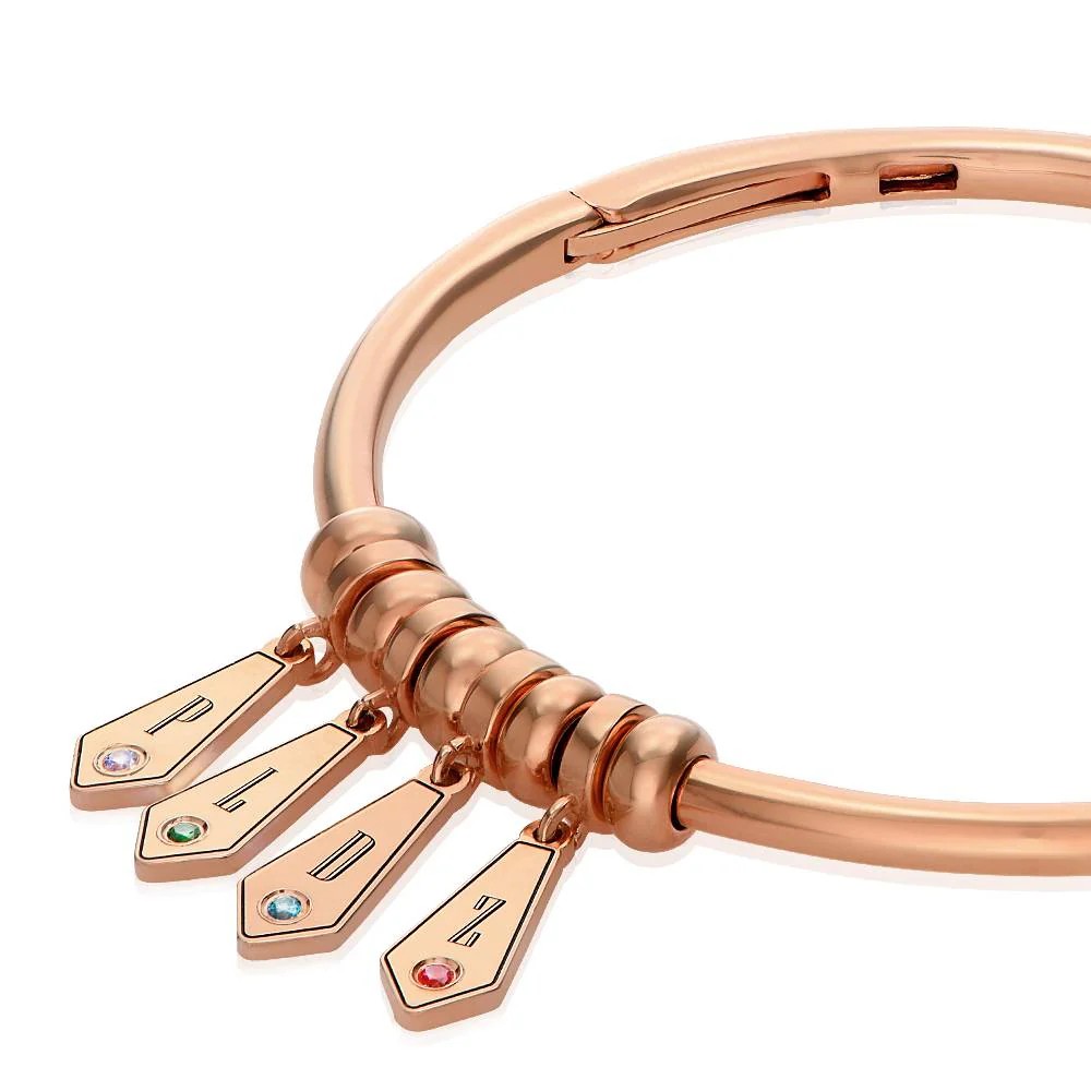 Gia Drop Initial Bangle Bracelet with Birthstones in 18K Rose Gold Plating - Image 4