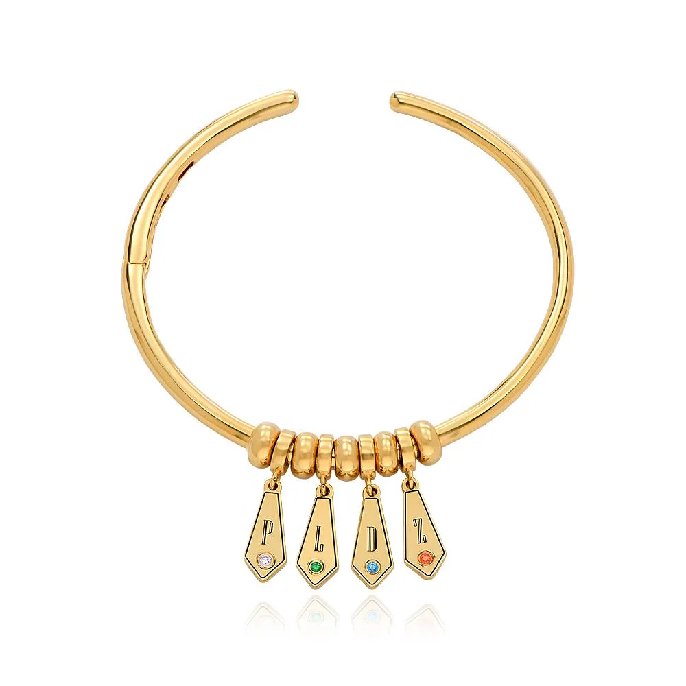 Gia Drop Initial Bangle Bracelet with Birthstones in 18K Gold Plating