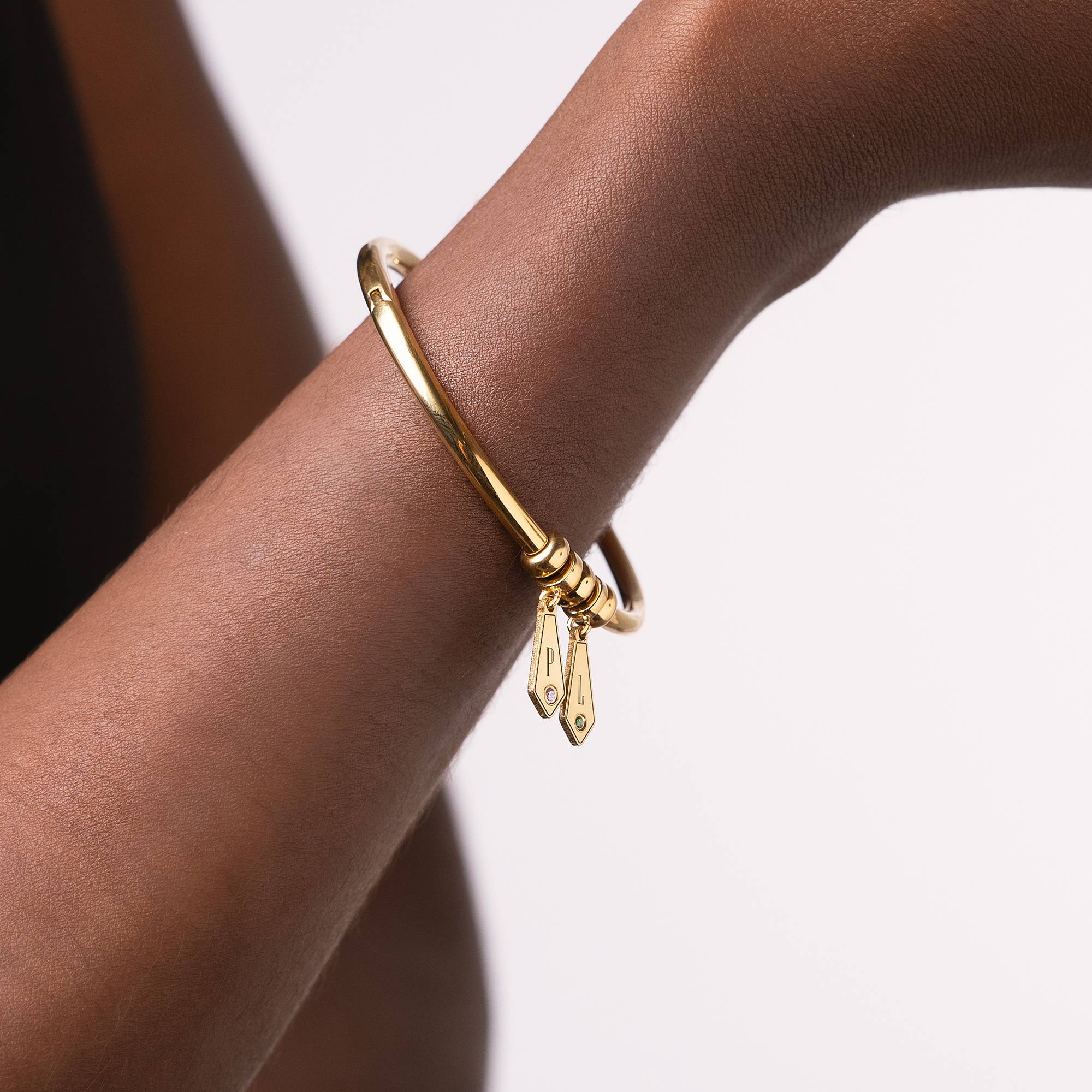 Gia Drop Initial Bangle Bracelet with Birthstones in 18K Gold Plating - Image 2