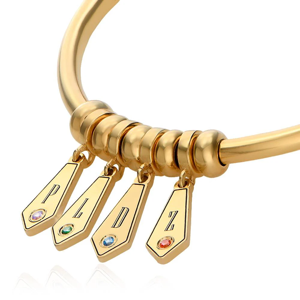 Gia Drop Initial Bangle Bracelet with Birthstones in 18K Gold Plating - Image 4