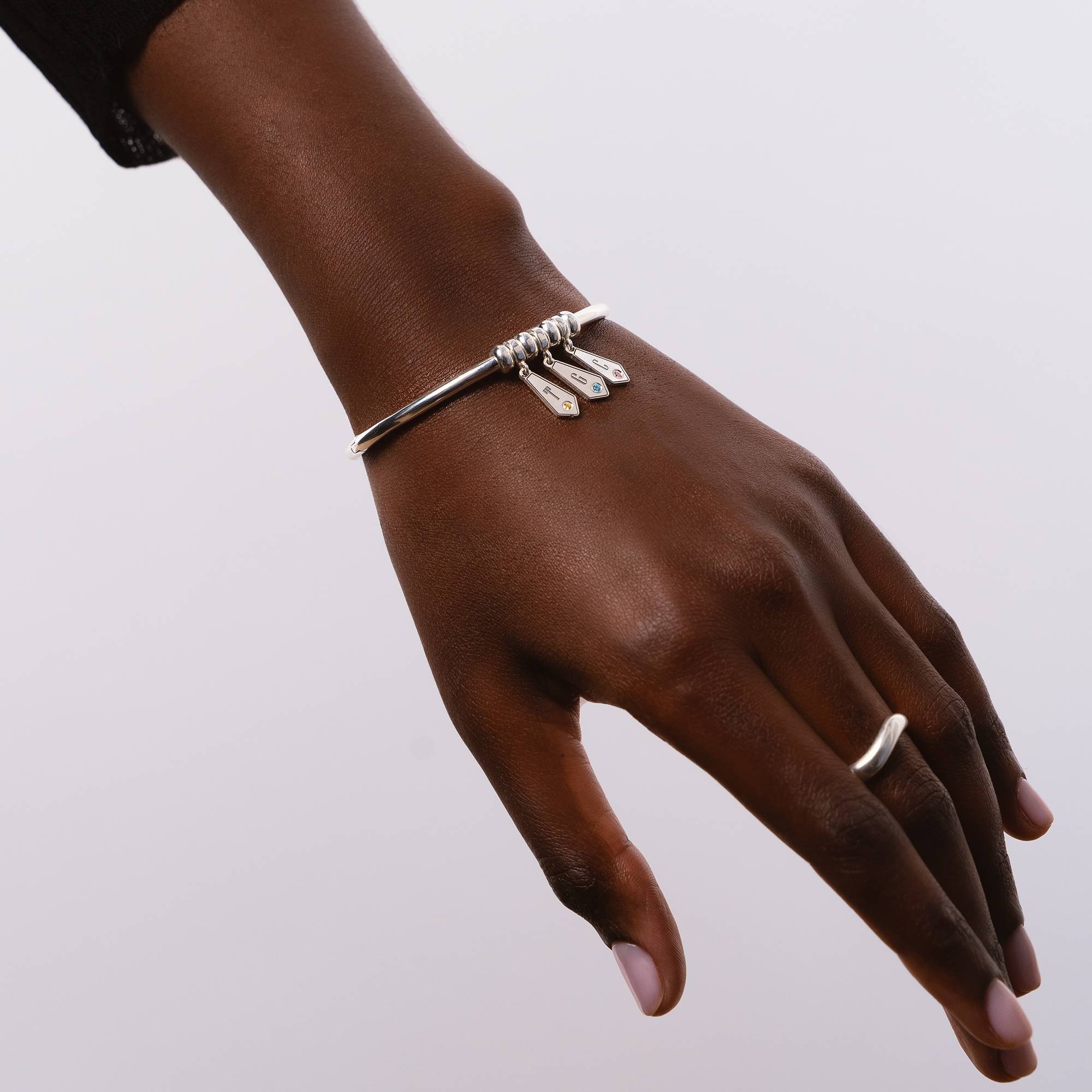 Gia Drop Initial Bangle Bracelet with Birthstones in Sterling Silver - Image 2