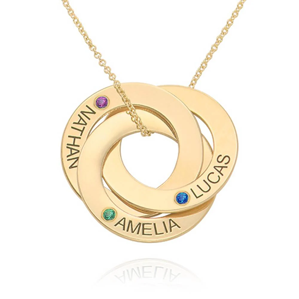 Birthstone Russian Ring Necklace with 3 Rings in 14K Yellow Gold