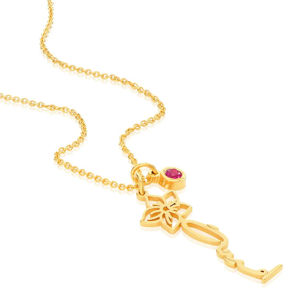 Blooming Birth Flower Arabic Name Necklace with Birthstone in 18K Gold Vermeil - Image 4