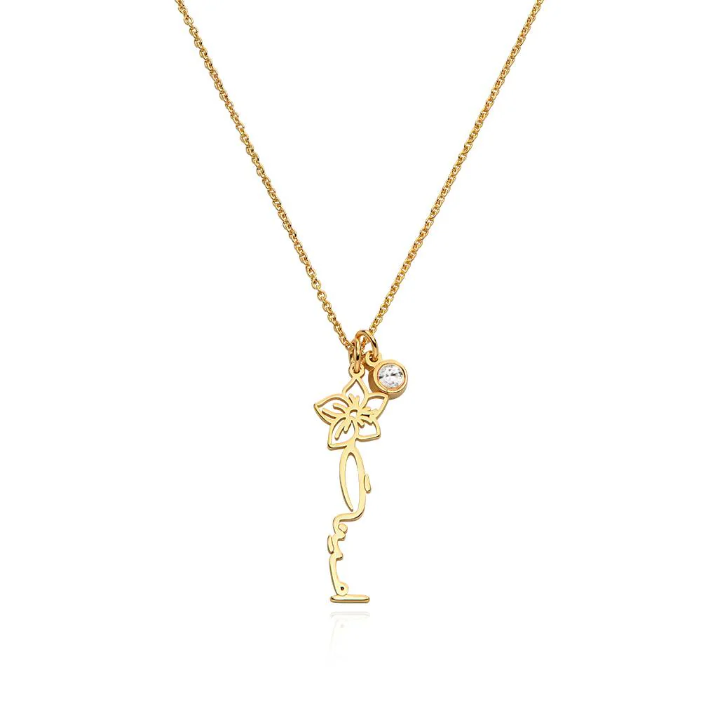 Blooming Birth Flower Arabic Name Necklace with Diamond in 18K Gold Vermeil