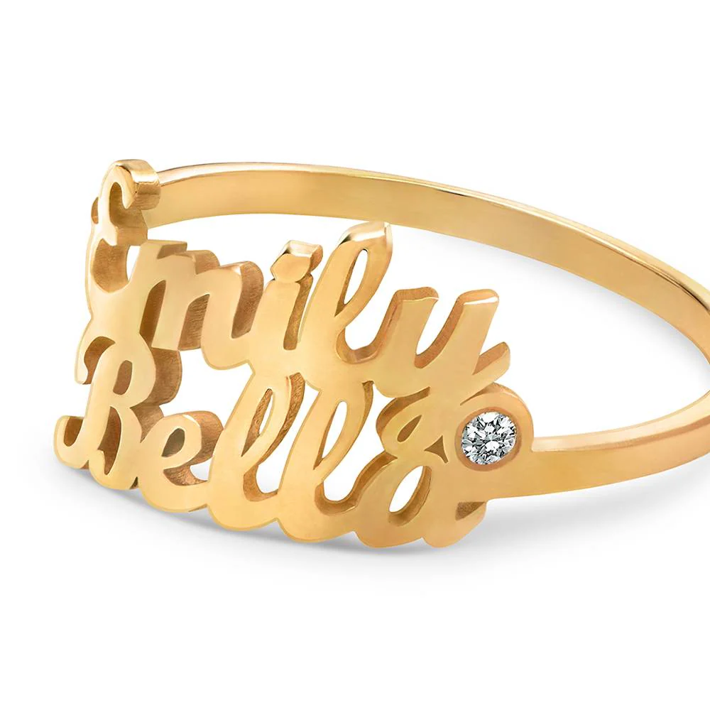 Script Double Name Ring with Diamond in 18K Gold Vermeil - Image 3