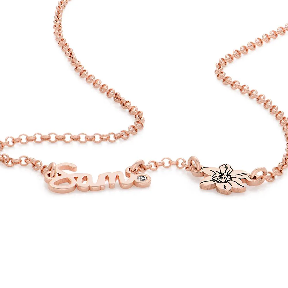 Blooming Birth Flower Multi Name Necklace with Diamond in 18K Rose Gold Vermeil - Image 4