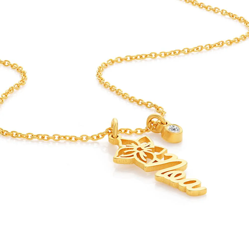 Blooming Birth Flower Name Necklace with Diamond in 14K Yellow Gold - Image 3