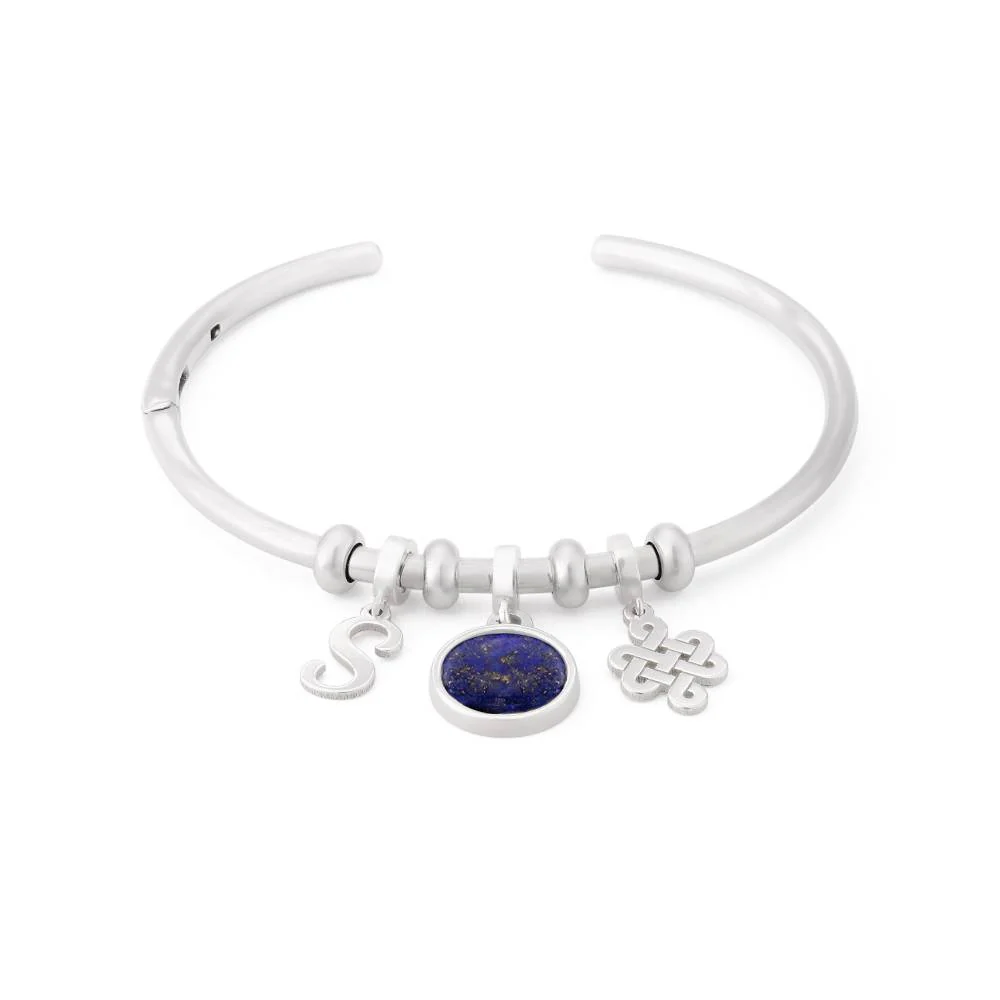 Symbolic Initial Bangle Bracelet with Semi-Precious Stone in Sterling Silver