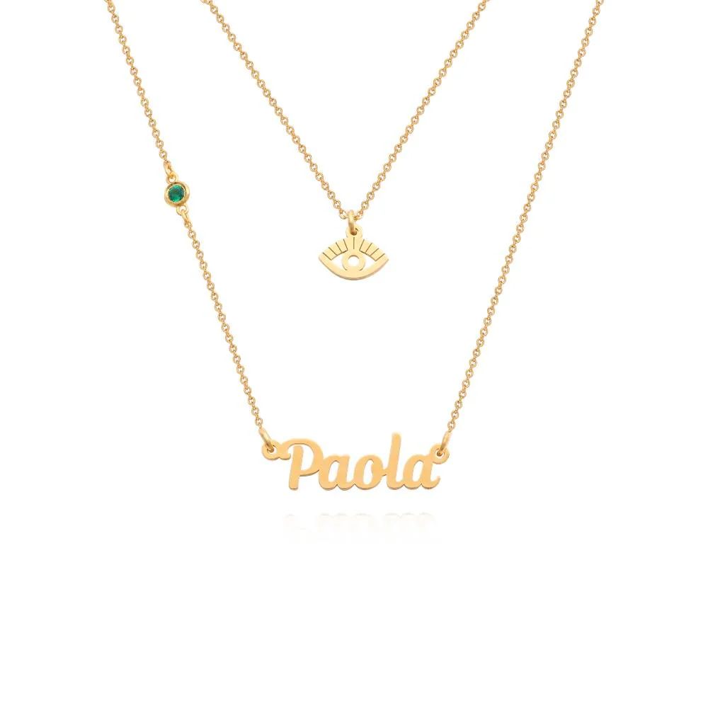 Bridget Evil Eye Layered Name Necklace with Gemstone in 18K Gold Plating